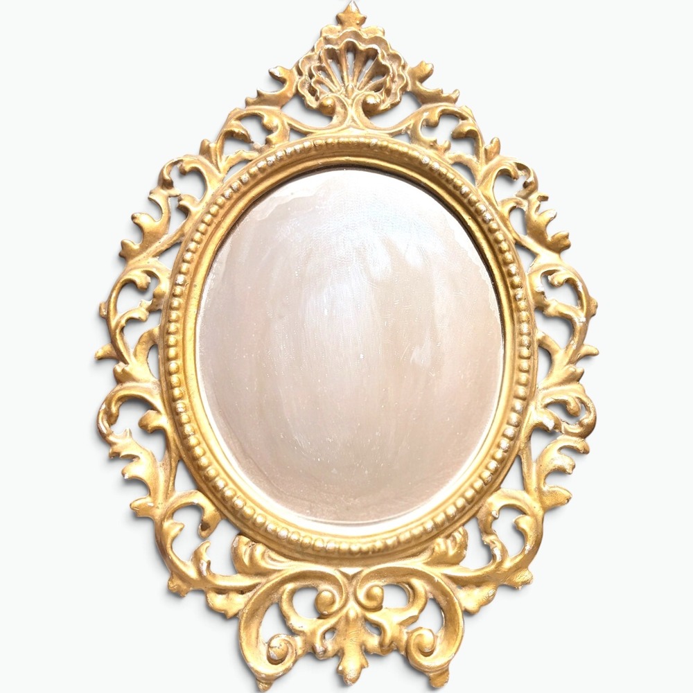 Vintage Rococo Ornate Gold Gilt Heavy Cast Metal Wall Mirror Oval Scrollwork 13"